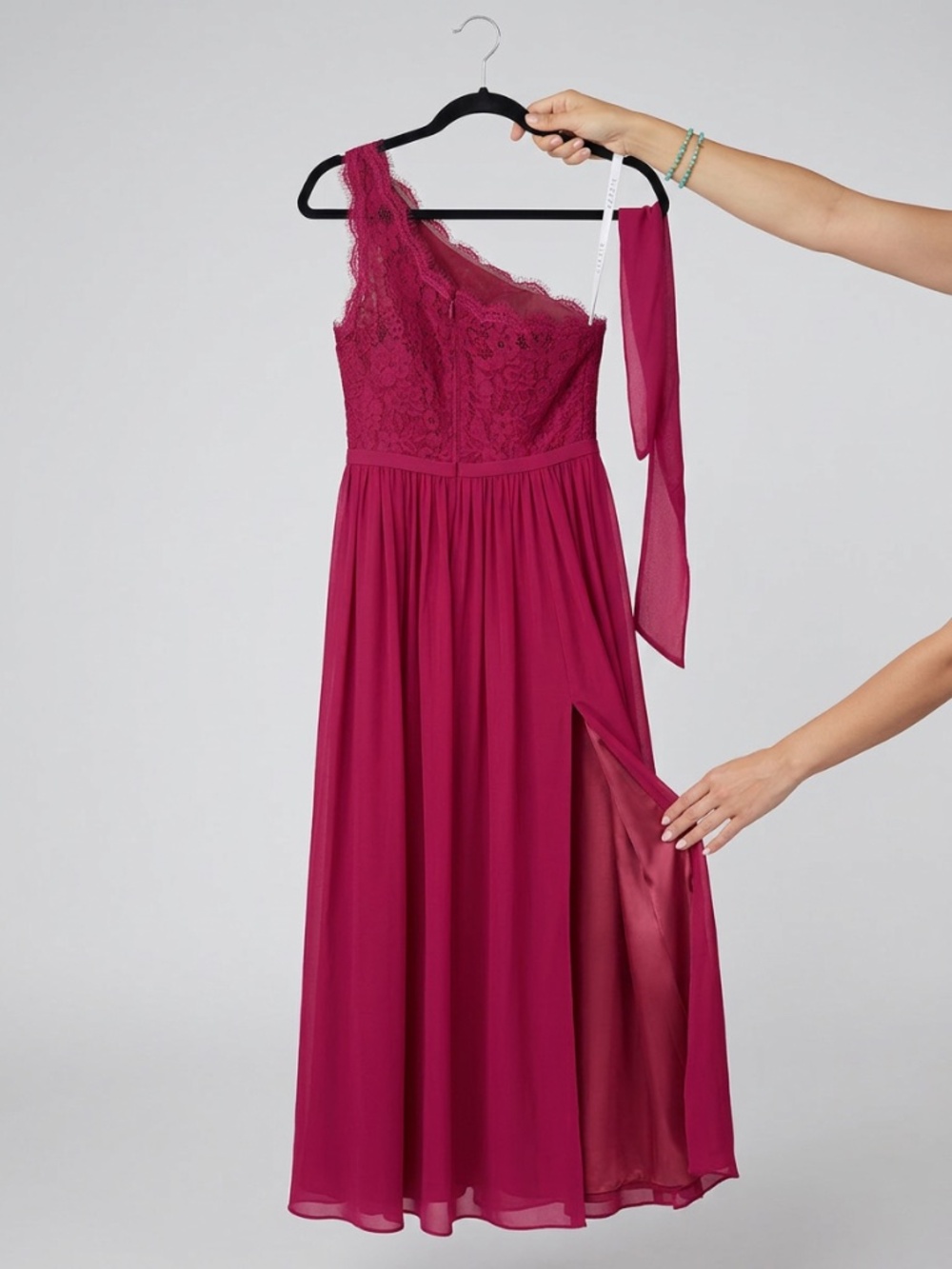 Azazie Burgundy One-Shoulder Lace Gown | Altered for Petite | Size A2
